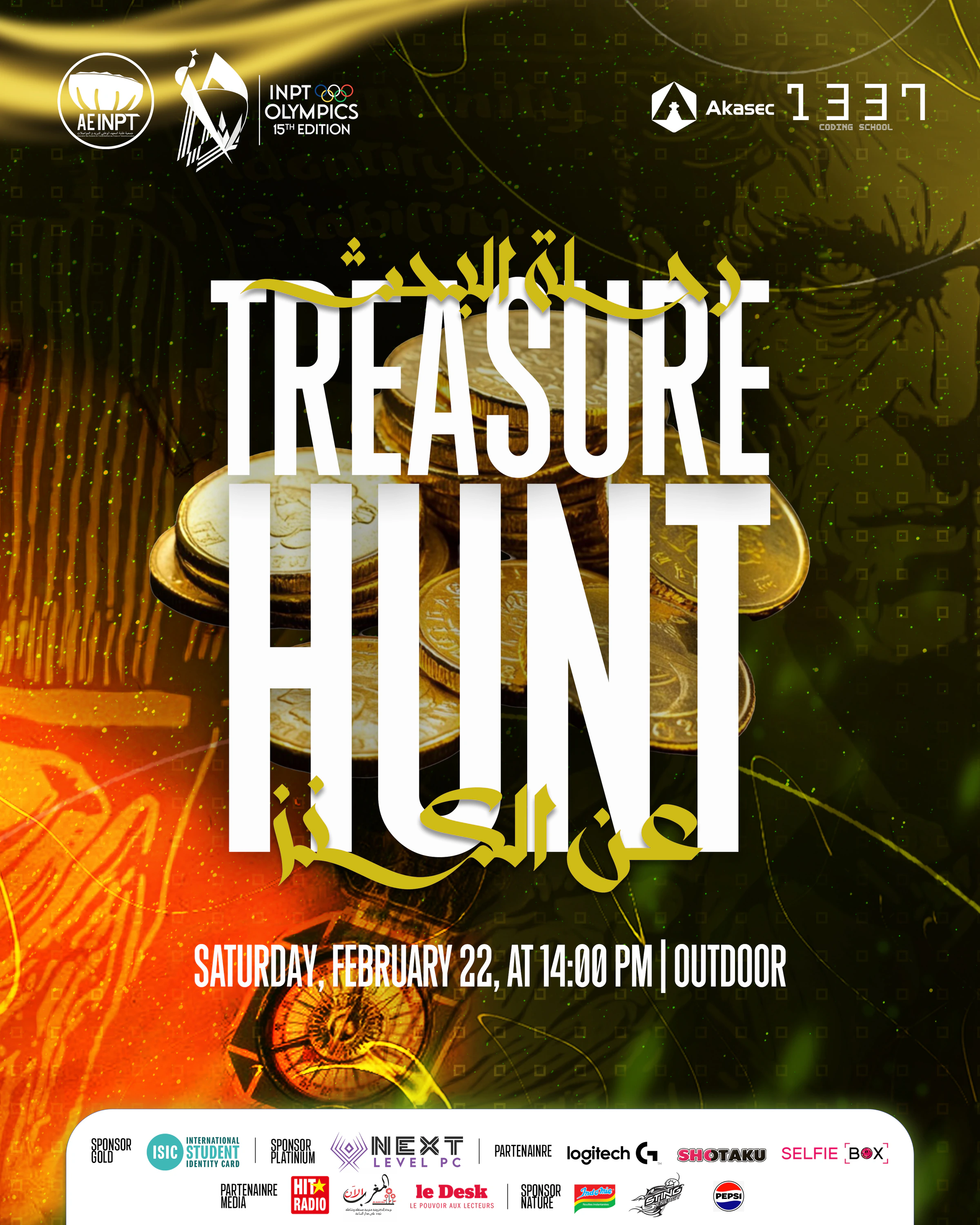 Olympiades XV — Treasure Hunt. Yellow-green campus-activity poster with a tall white Latin title, Arabic lettering and a white sponsor strip.
