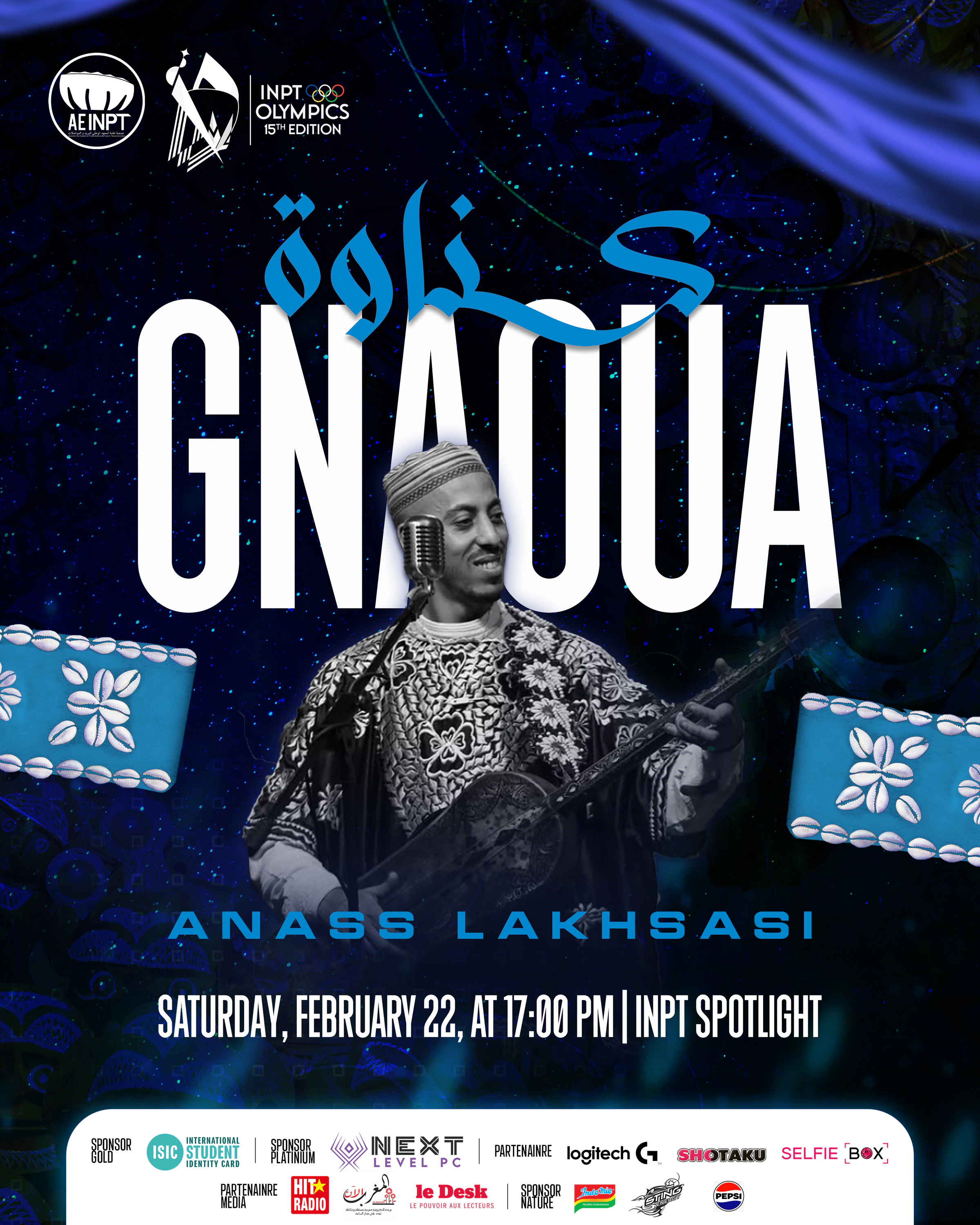 Olympiades XV — Gnaoua. Music poster with tall white Latin lettering, blue Arabic lettering, monochrome performer imagery and a white sponsor footer.