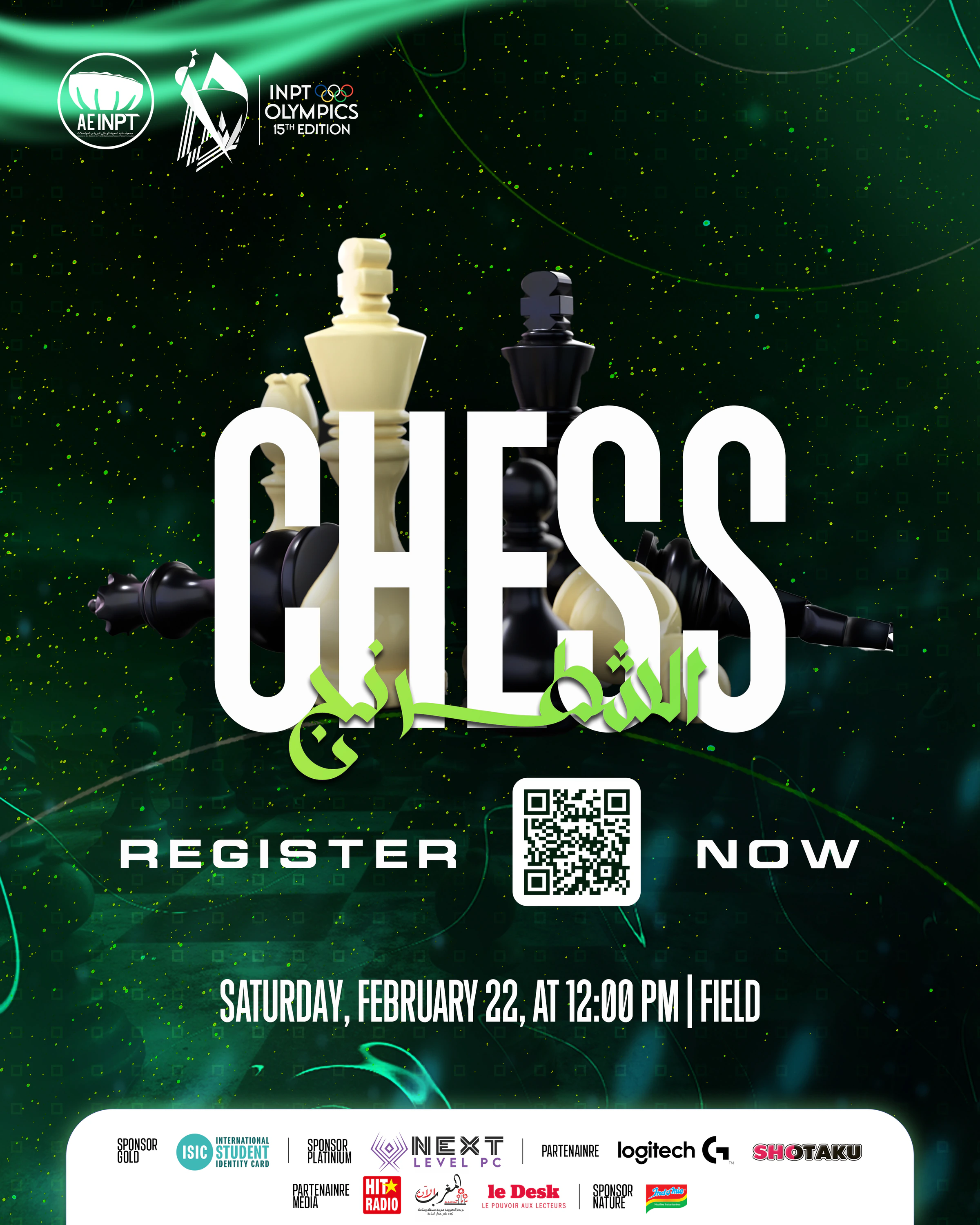 Olympiades XV — Chess. Green sports poster with large white Latin title, green Arabic lettering, activity imagery and a lower event-information block.