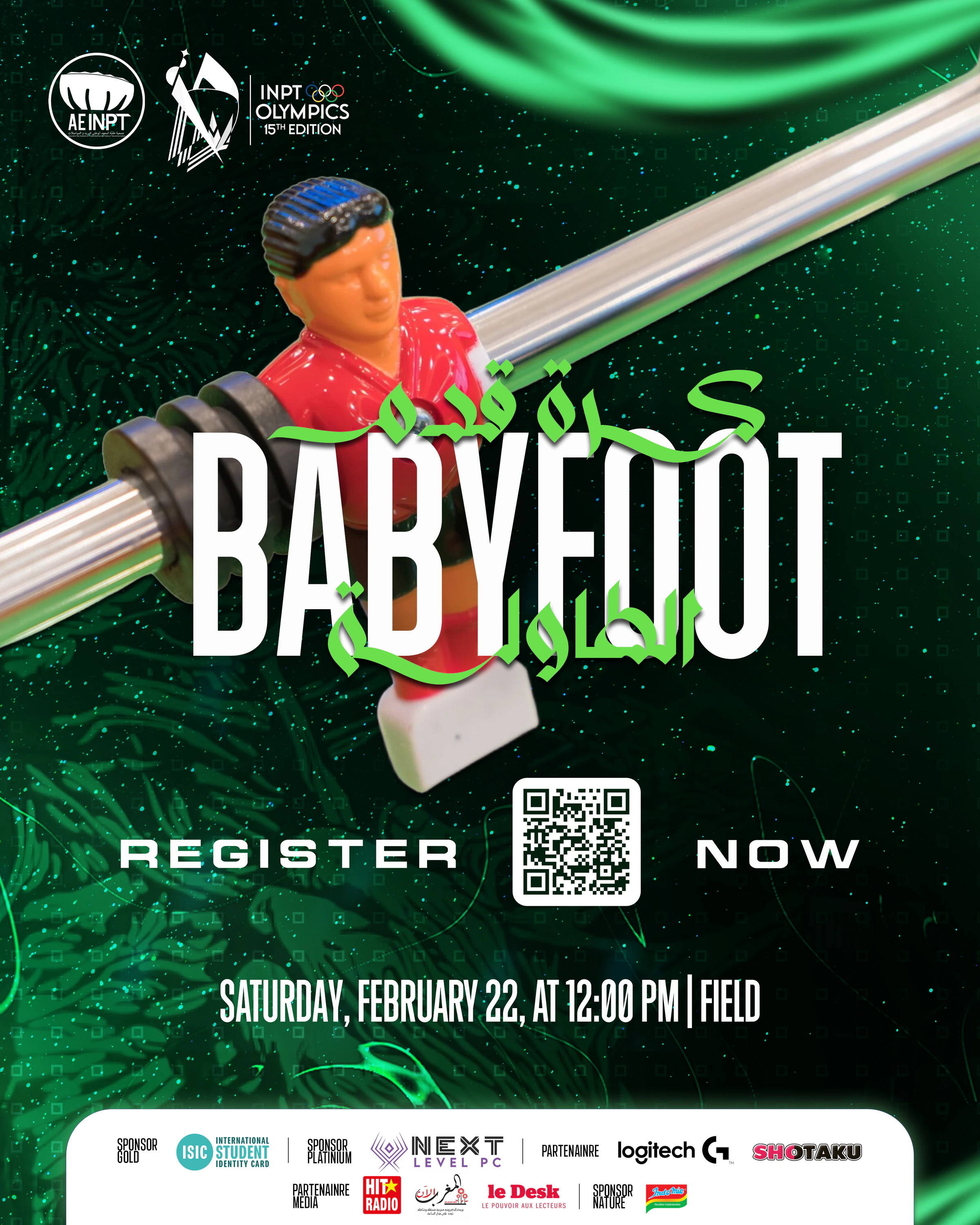 Olympiades XV — Table Football. Green sports poster with large white Latin title, green Arabic lettering, activity imagery and a lower event-information block.
