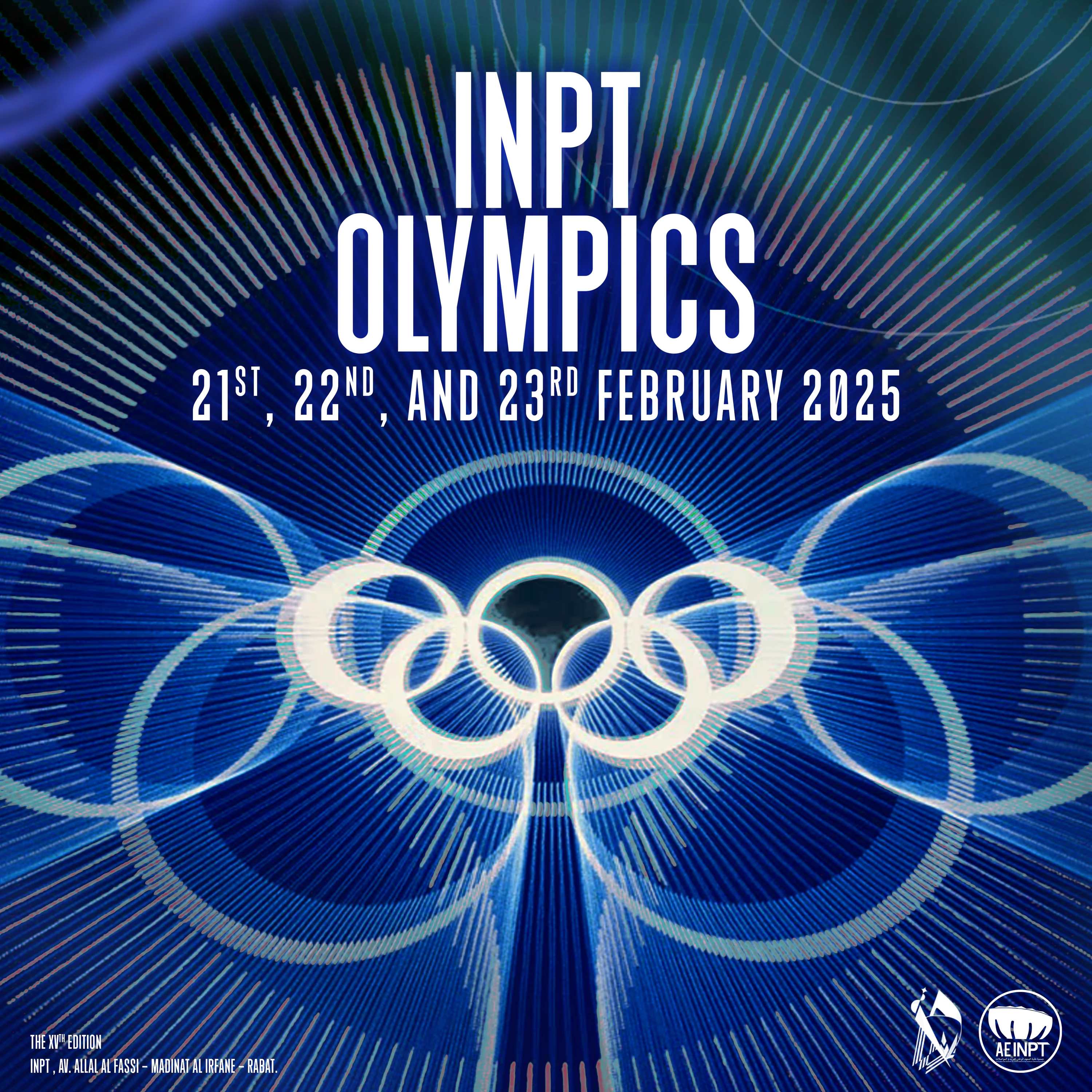 Fine blue and cream curves radiate around five interlocking rings below a condensed INPT Olympics title and February dates.