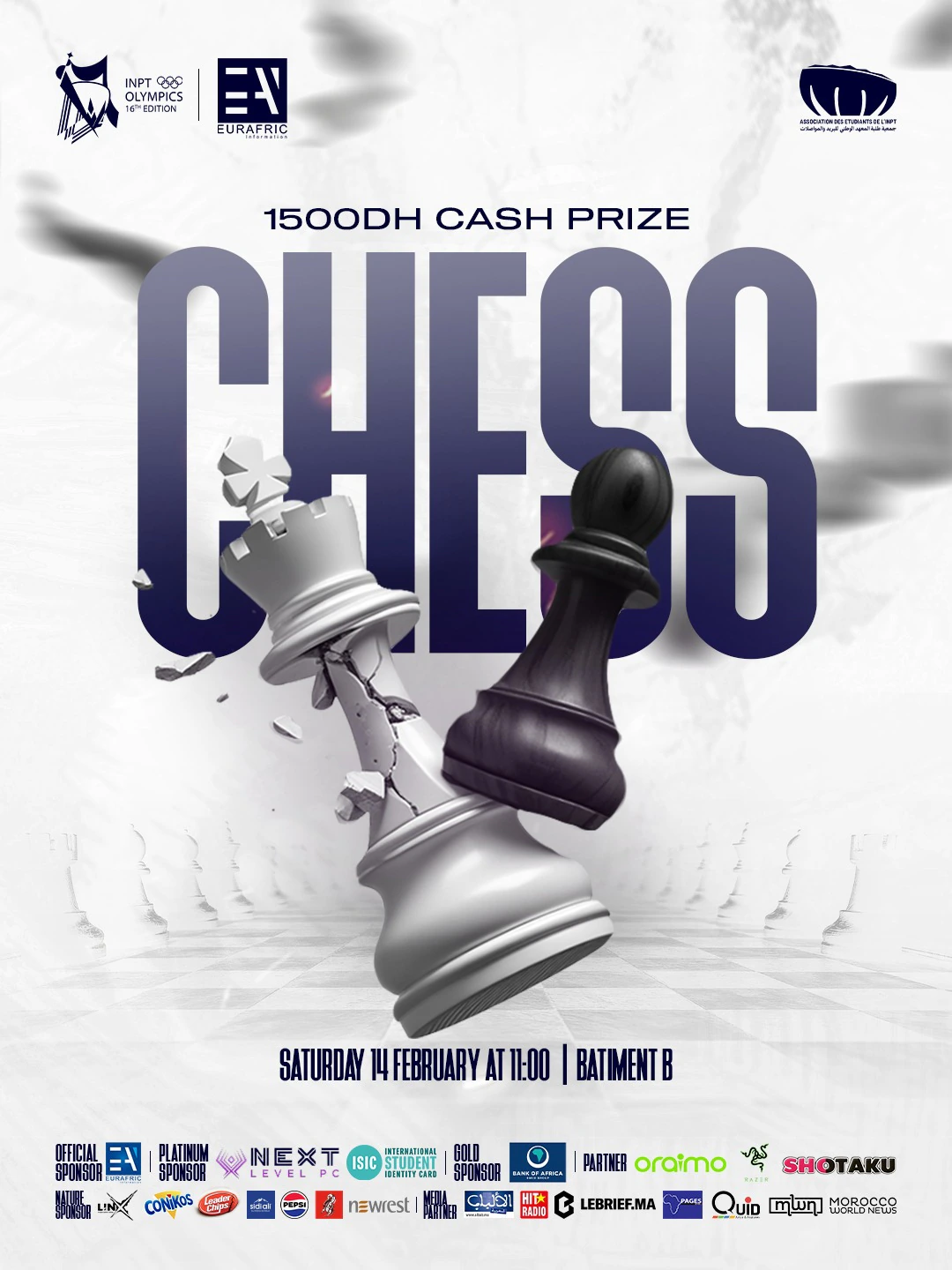 Large navy Chess title behind contrasting chess pieces, with prize information above and event details below.
