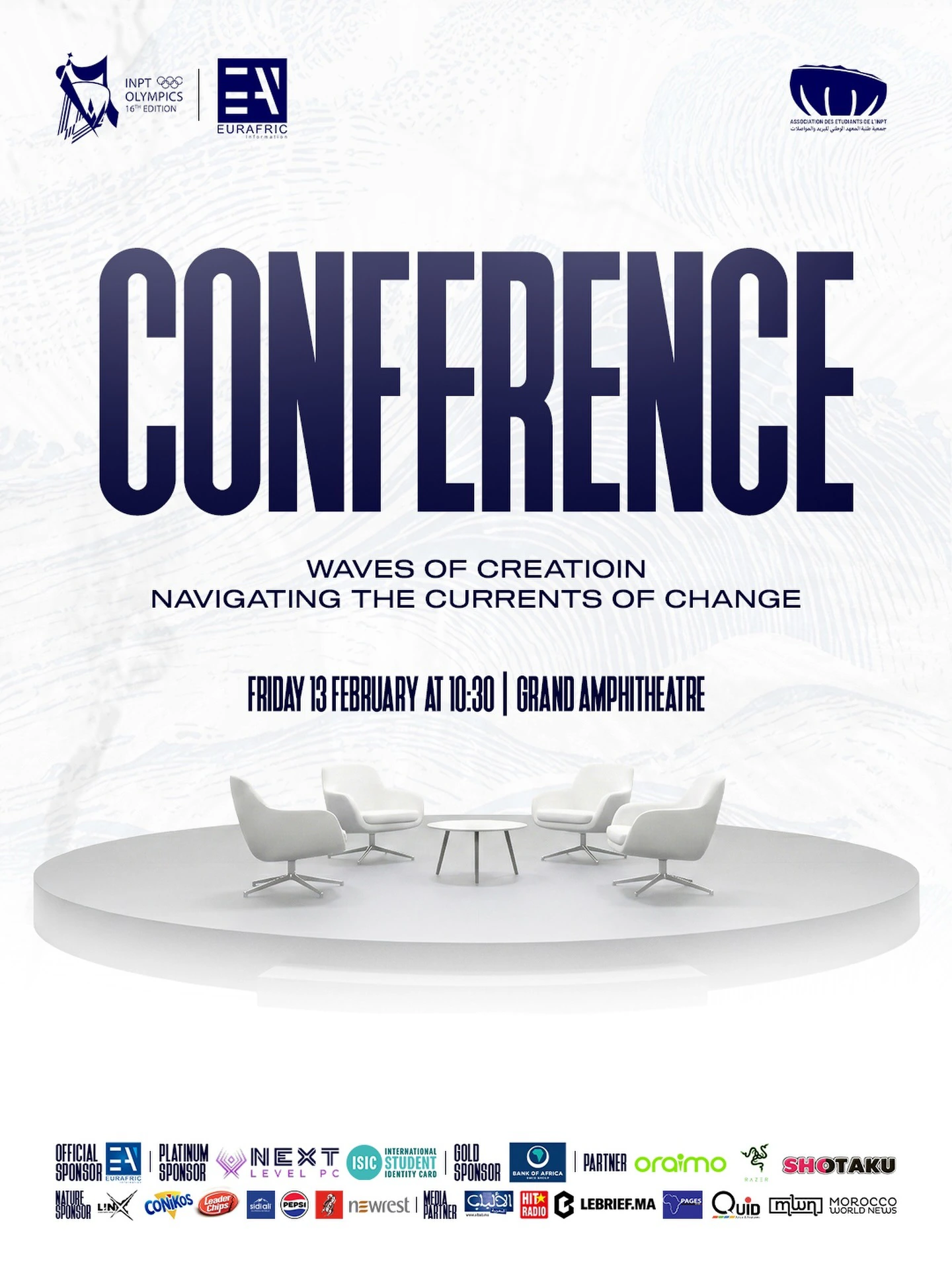 Navy Conference title over a pale sculptural seating arrangement, with theme, date and sponsor footer.