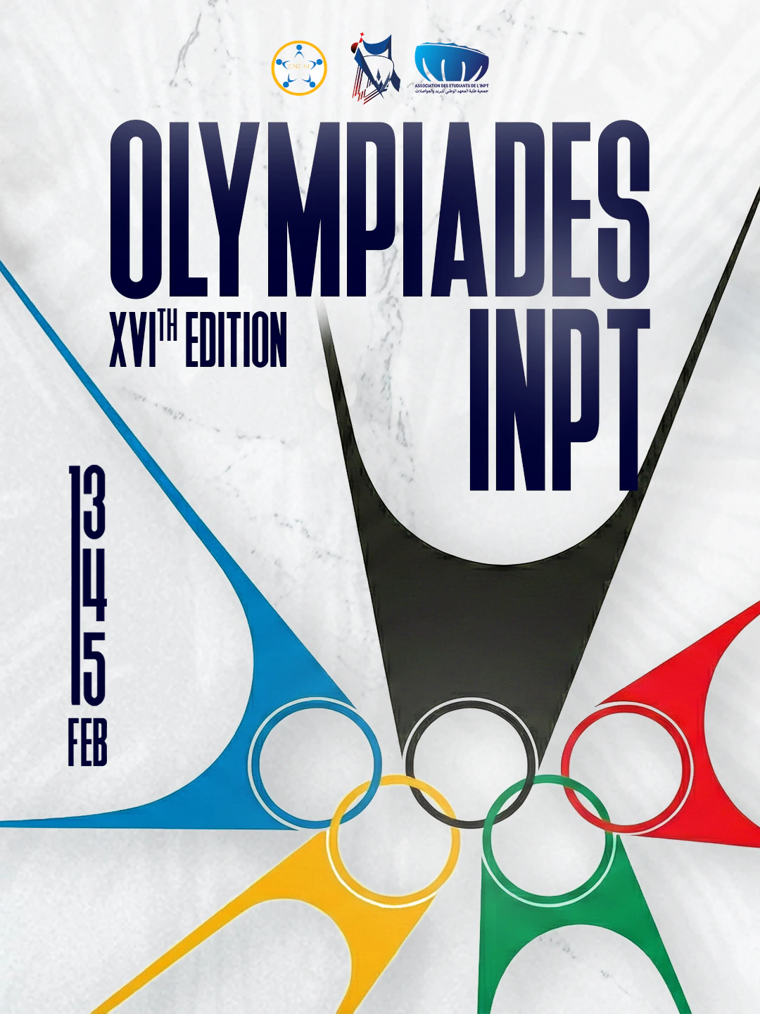 Navy Olympiades XVI title and vertical February dates over a pale sculptural field, with five coloured rings at the base.