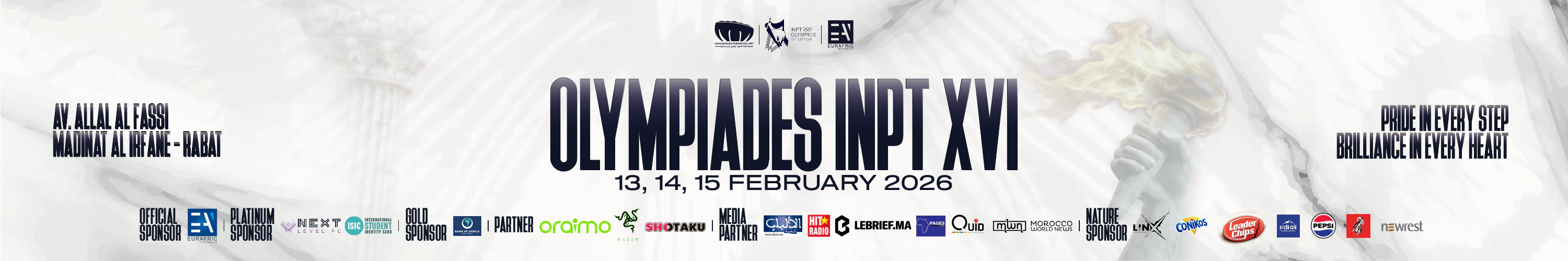 Wide pale banner artwork with navy Olympiades INPT XVI lettering, event marks and a lower sponsor row.