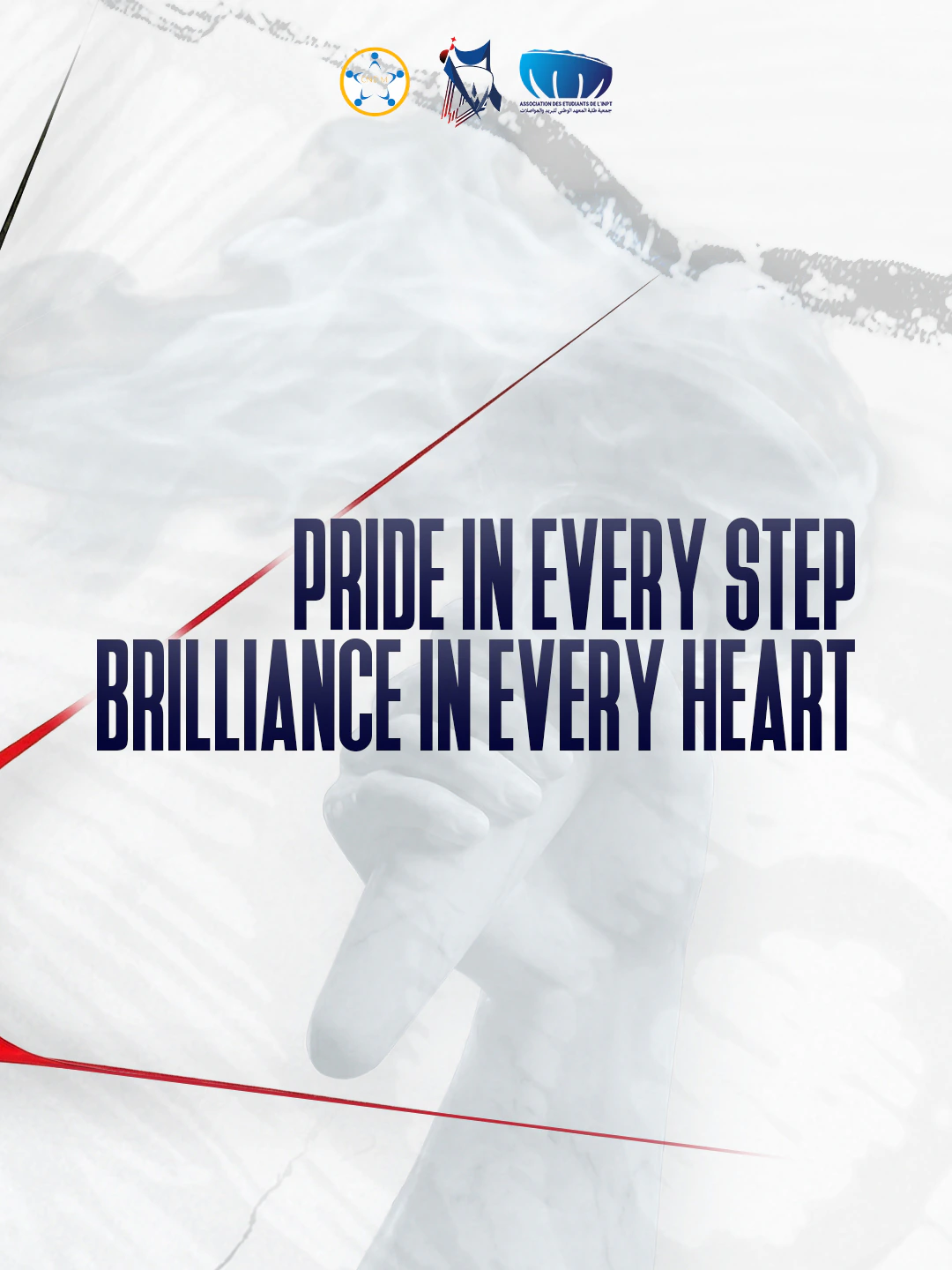Two-line navy motto over a snowy mountain texture, intersected by fine red diagonal lines.