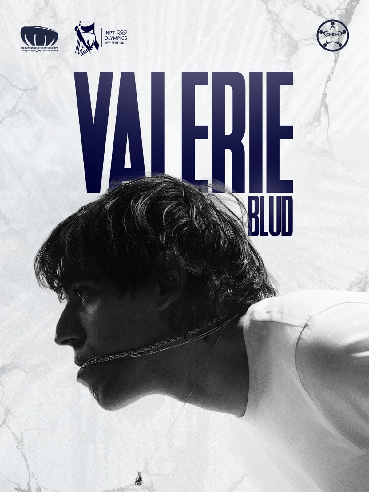 Monochrome side-profile portrait beneath a large navy Valerie headline on a pale textured field.