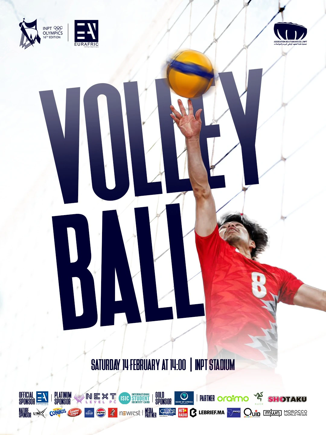 Volleyball player reaches between split navy headline lines on a white field, above event details and partner marks.