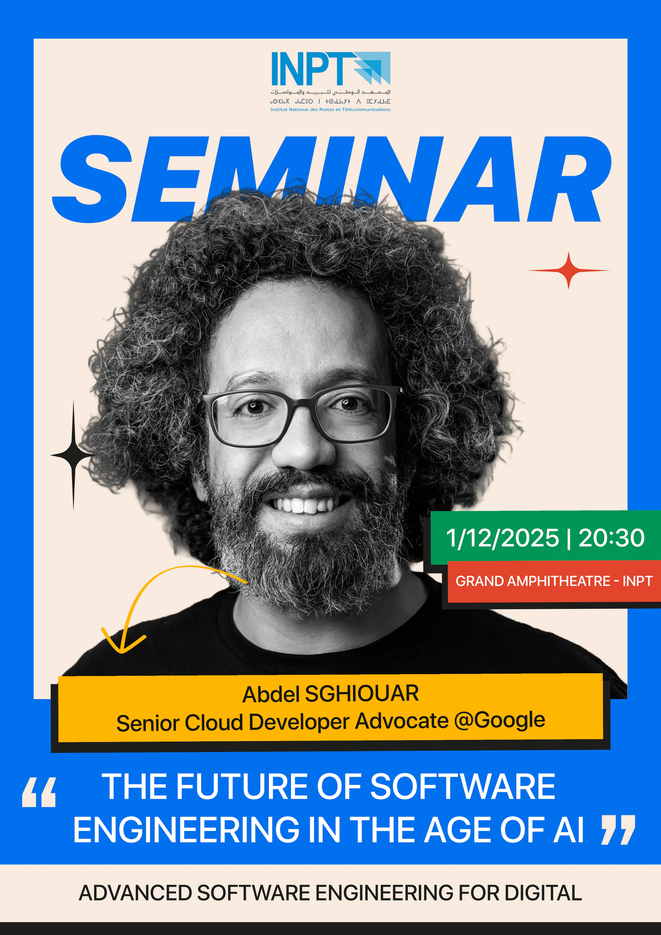 Monochrome speaker portrait framed by bright blue, orange and yellow blocks, with an italic Seminar heading and a quoted talk title.