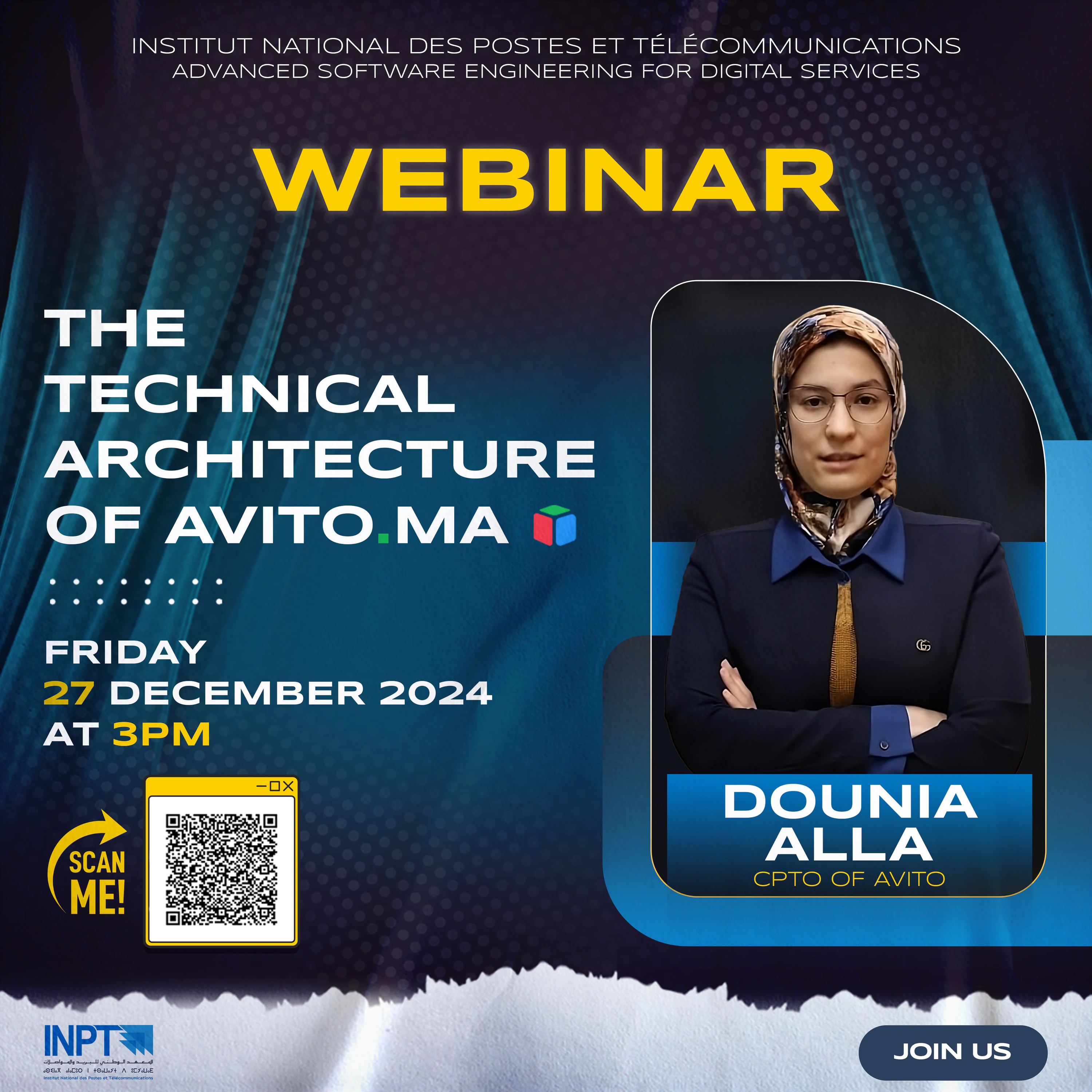 Yellow Webinar headline, blue architectural lettering and Dounia Alla’s portrait announce a technical architecture webinar on 27 December 2024.