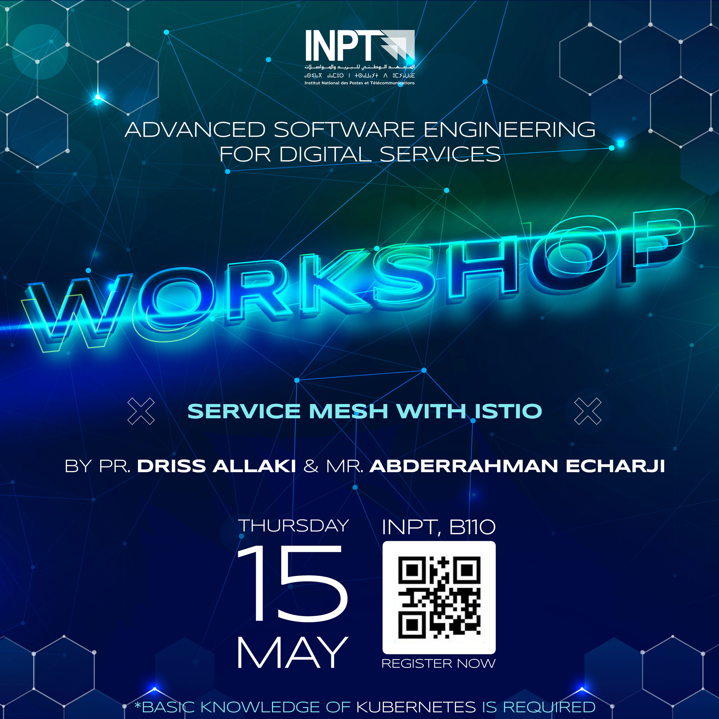 Luminous blue Workshop lettering on a network-patterned field announces a Service Mesh with Istio workshop at INPT.