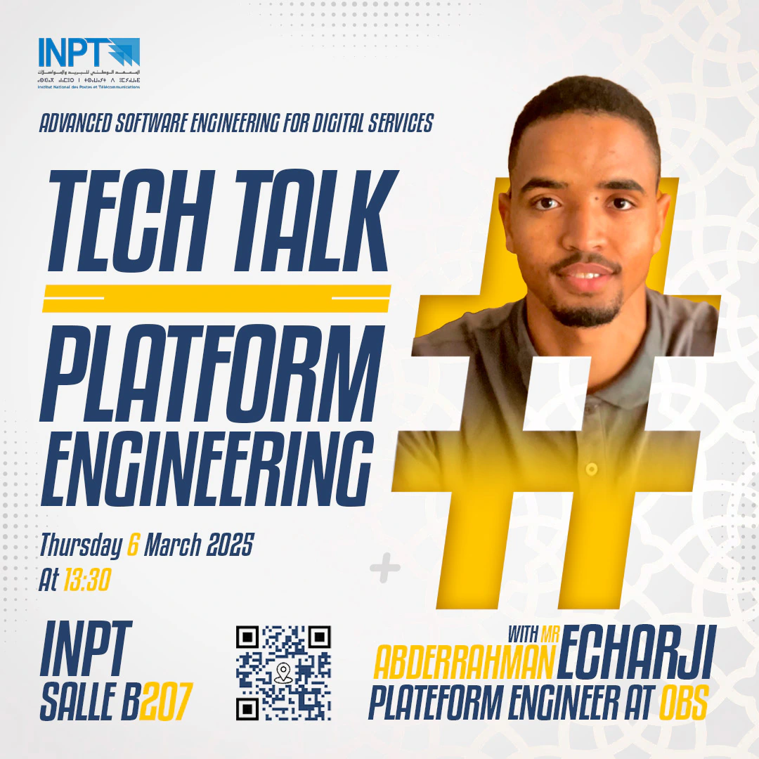 Navy Platform Engineering headline and a yellow portrait treatment announce an INPT Tech Talk with Abderrahman Echarji on 6 March 2025.