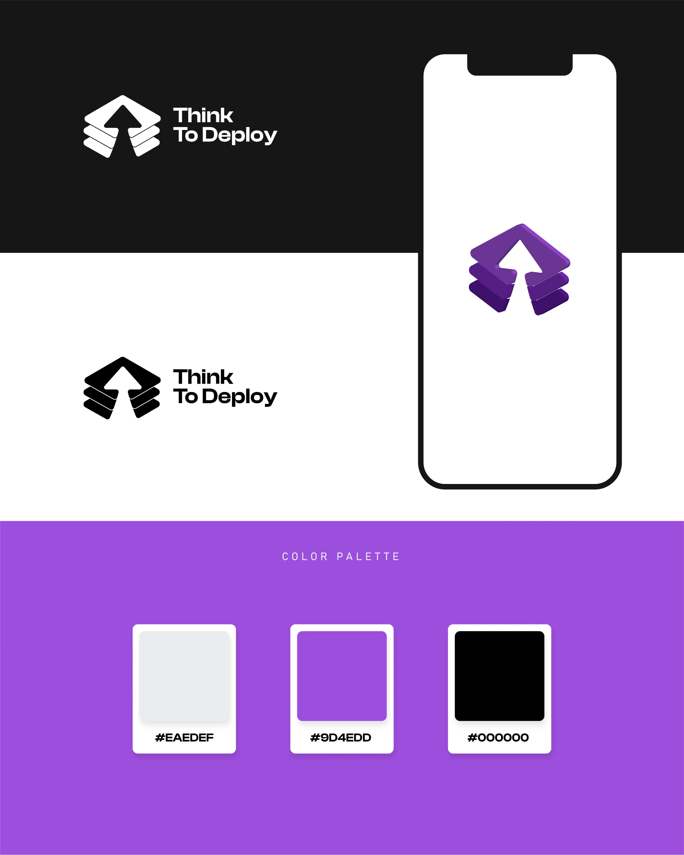 Identity board with white and black lockups, a phone-shaped symbol application and white, violet and black palette blocks.
