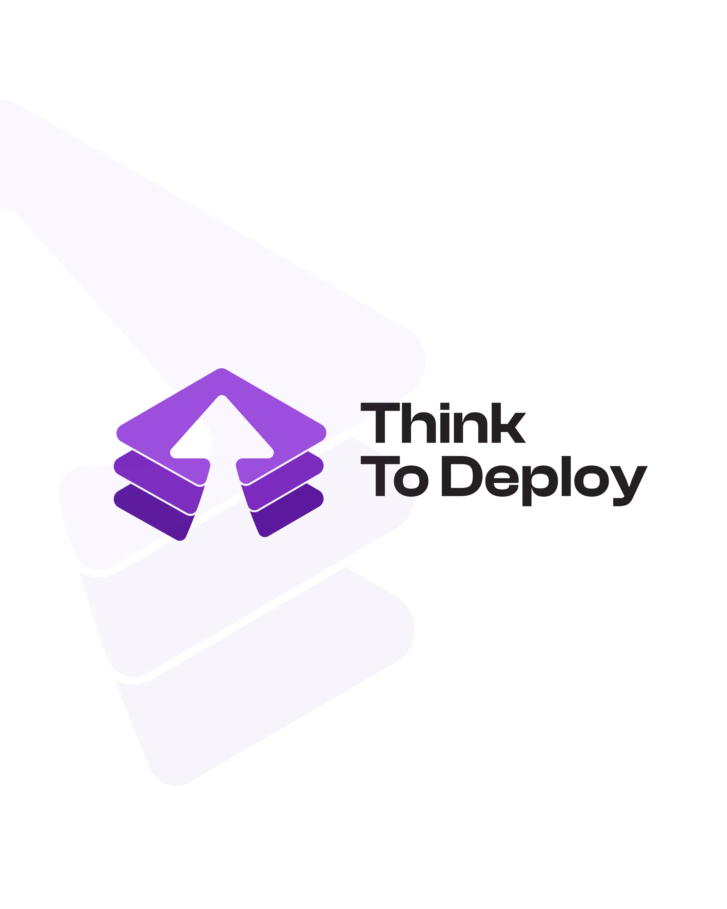 Purple layered arrow symbol beside a black Think To Deploy wordmark on white, with a pale oversized symbol behind it.
