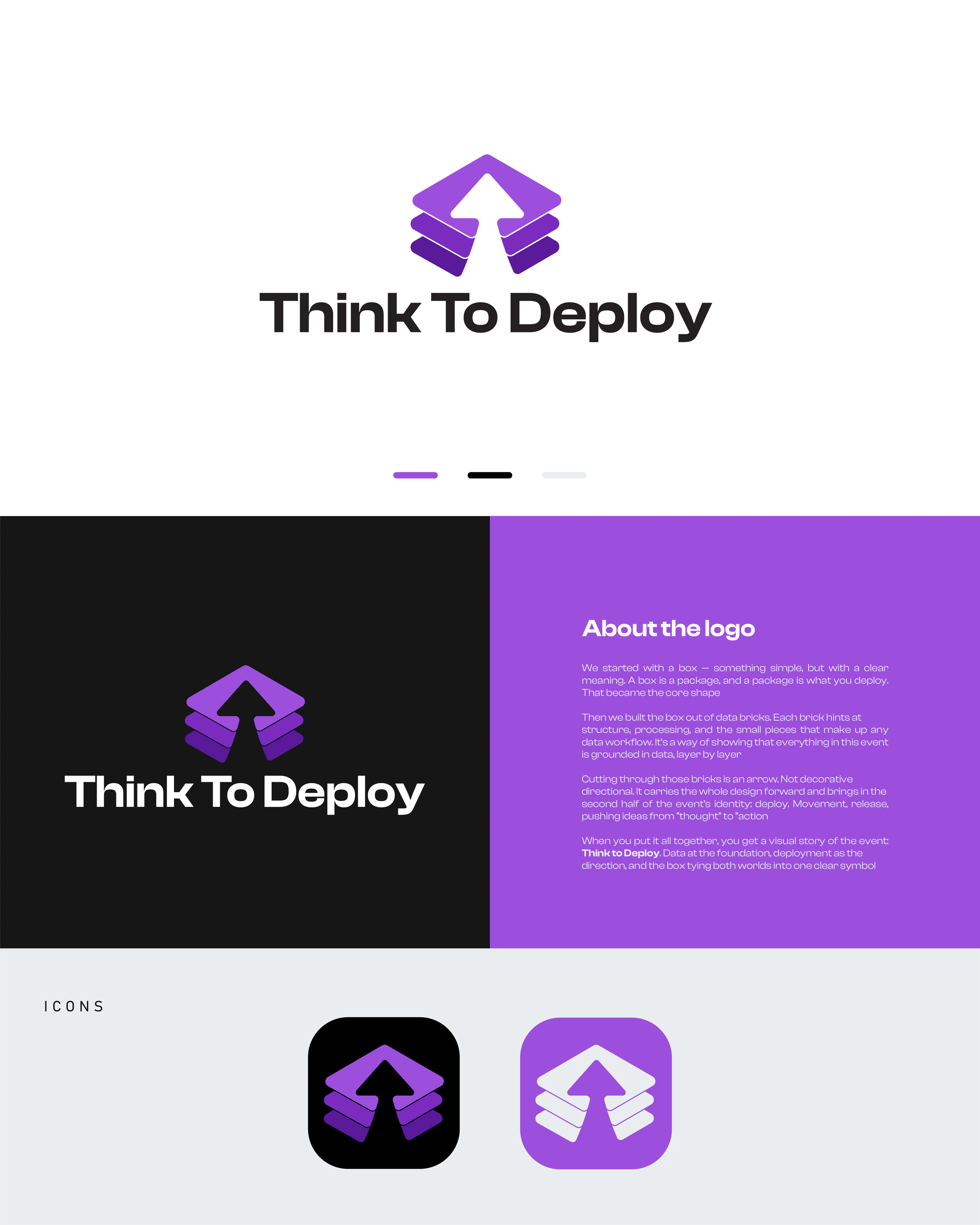 Identity board showing the violet arrow and wordmark, a reversed lockup, explanatory text and compact icon variants.