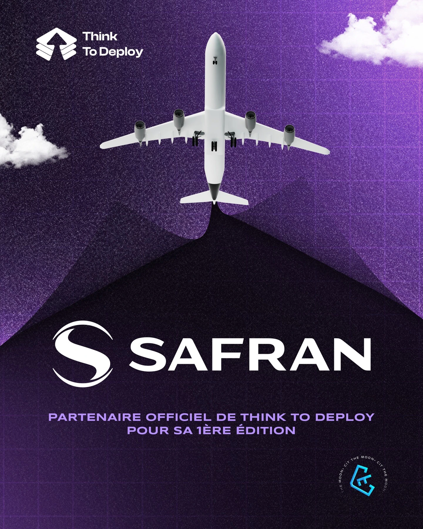 Aircraft above a large white Safran mark on a violet grid and dark angular field, with the programme mark in the upper corner.